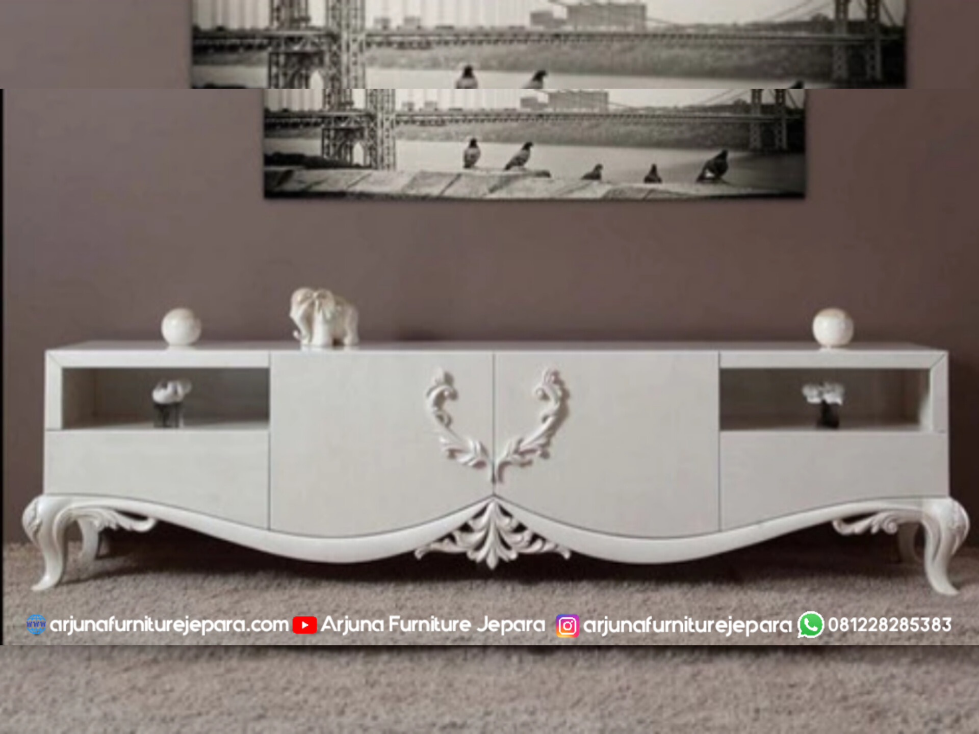 Bufet Meja Tv Putih Minimalis Ukir