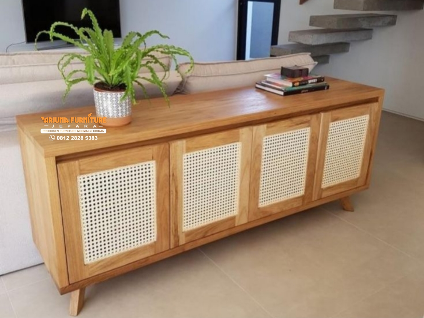 Bufet Jati Minimalis Rotan 4 Pintu