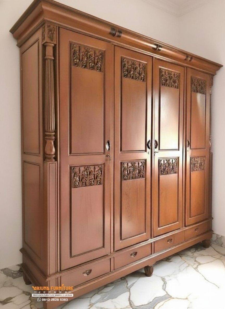 Lemari Pakaian 4 Pintu Minimalis Ukir Jepara