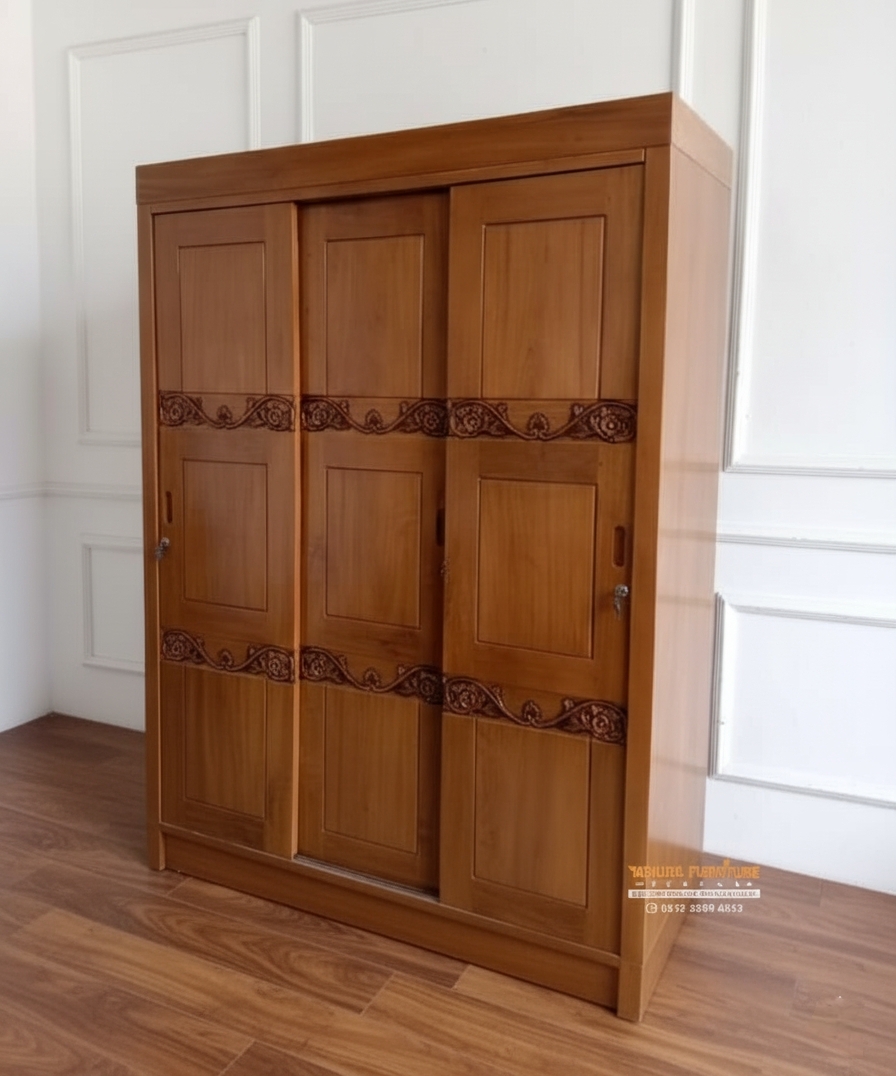 Lemari Pakaian Jati Minimalis Pintu Geser