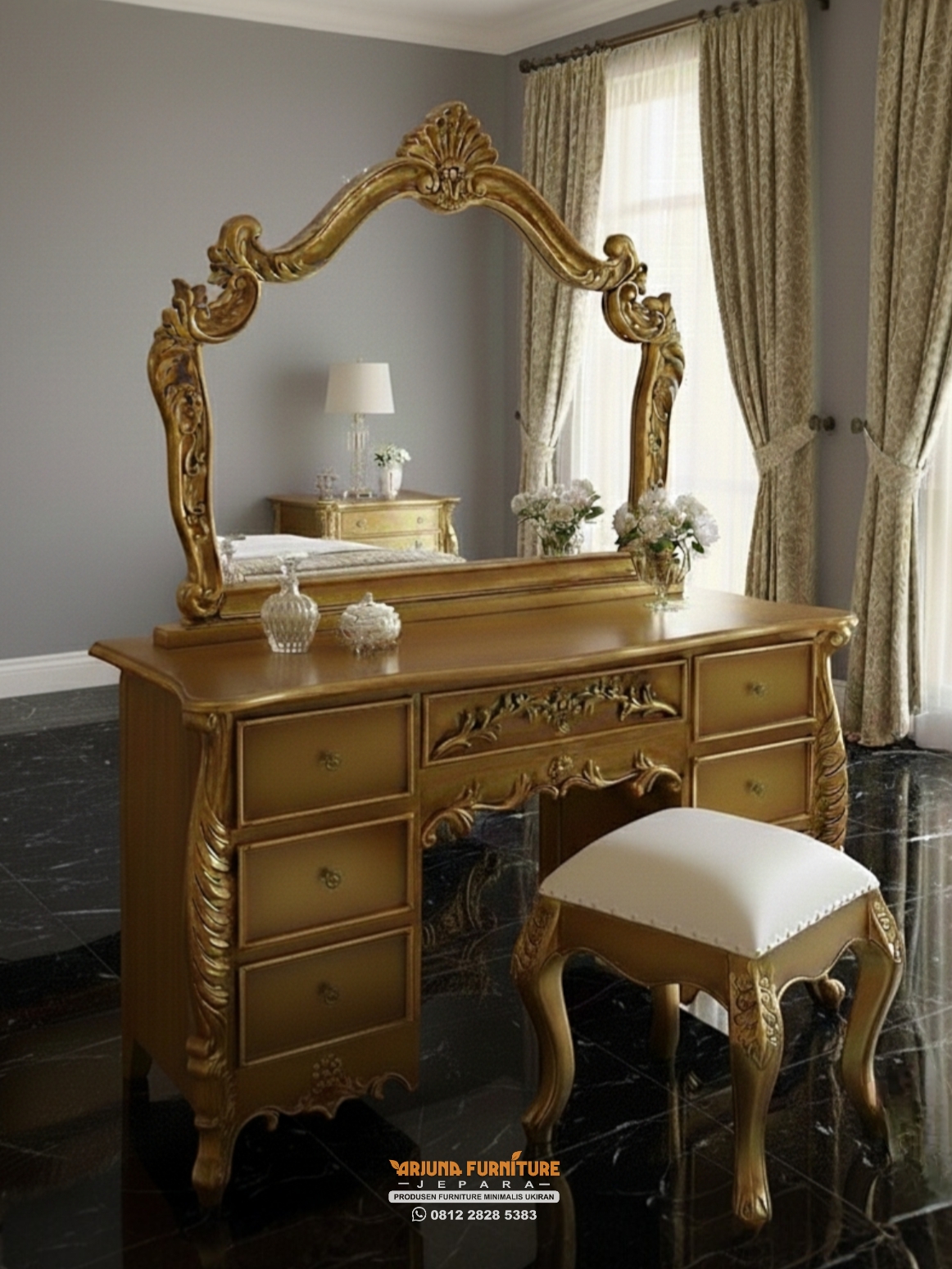 Meja Rias Kayu Jati, Meja Rias Gold Duco Ukir Mewah