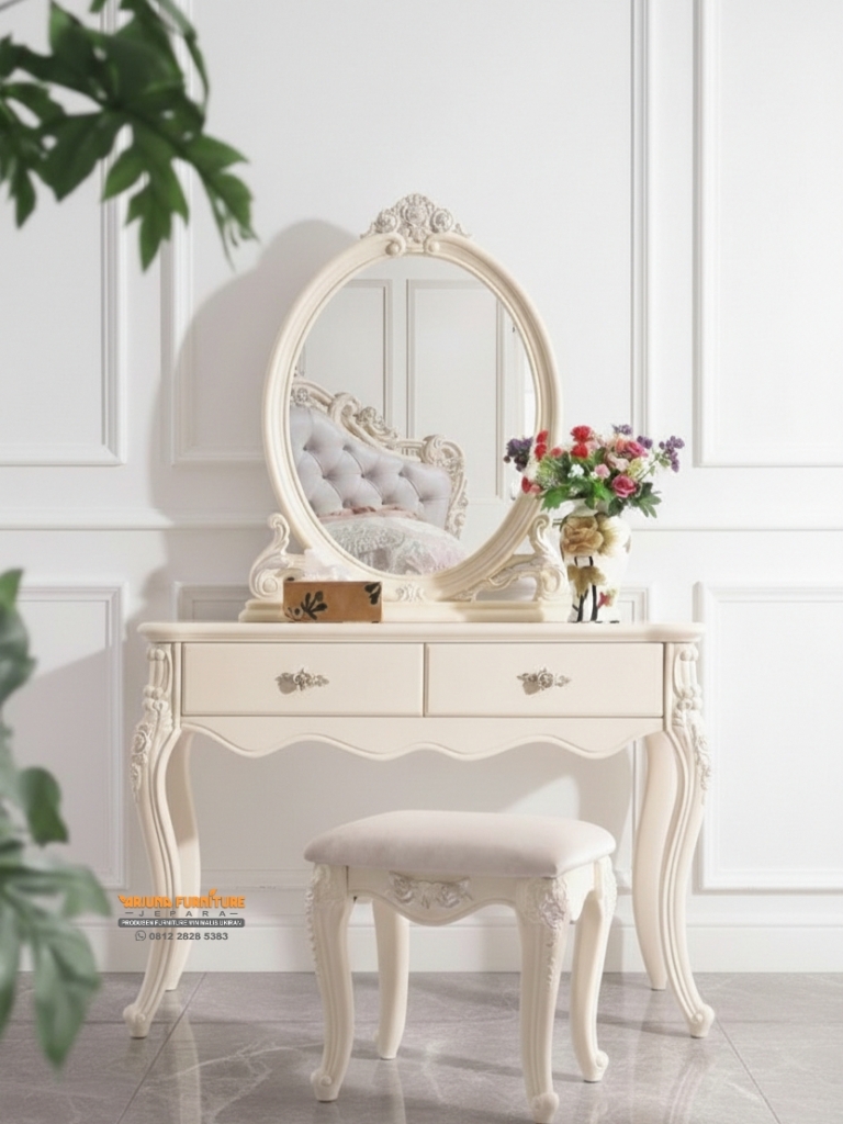Meja Rias Putih Duco Klasik, meja makeup ukir,