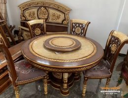 Set Meja Makan Putar Ukir Jepara, Meja Makan Bundar,